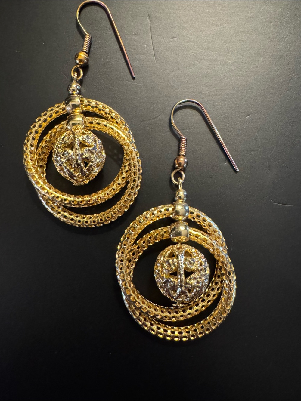 Gold Tone Orbital Filigree Ball Statement Dangle Earrings